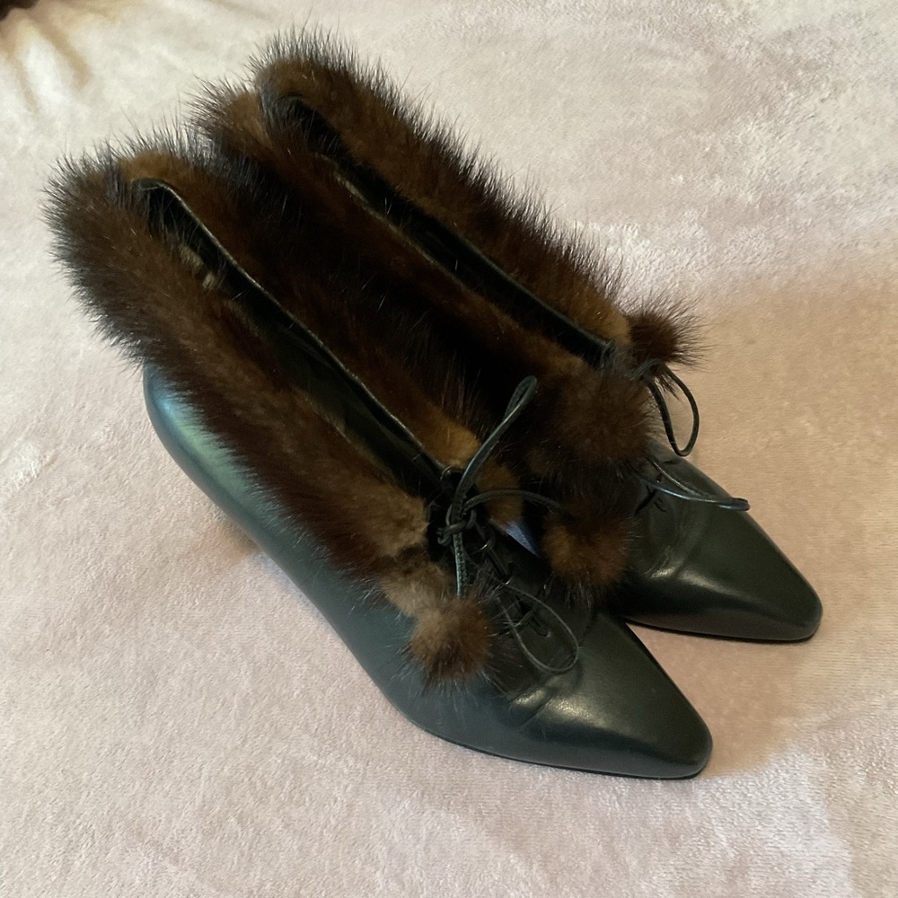Bally Black Leather Boots with Brown Mink Fur Trim 8m vintage